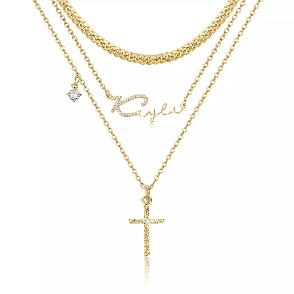 Gold Layered Name Necklace Cross Cuban Link Chain