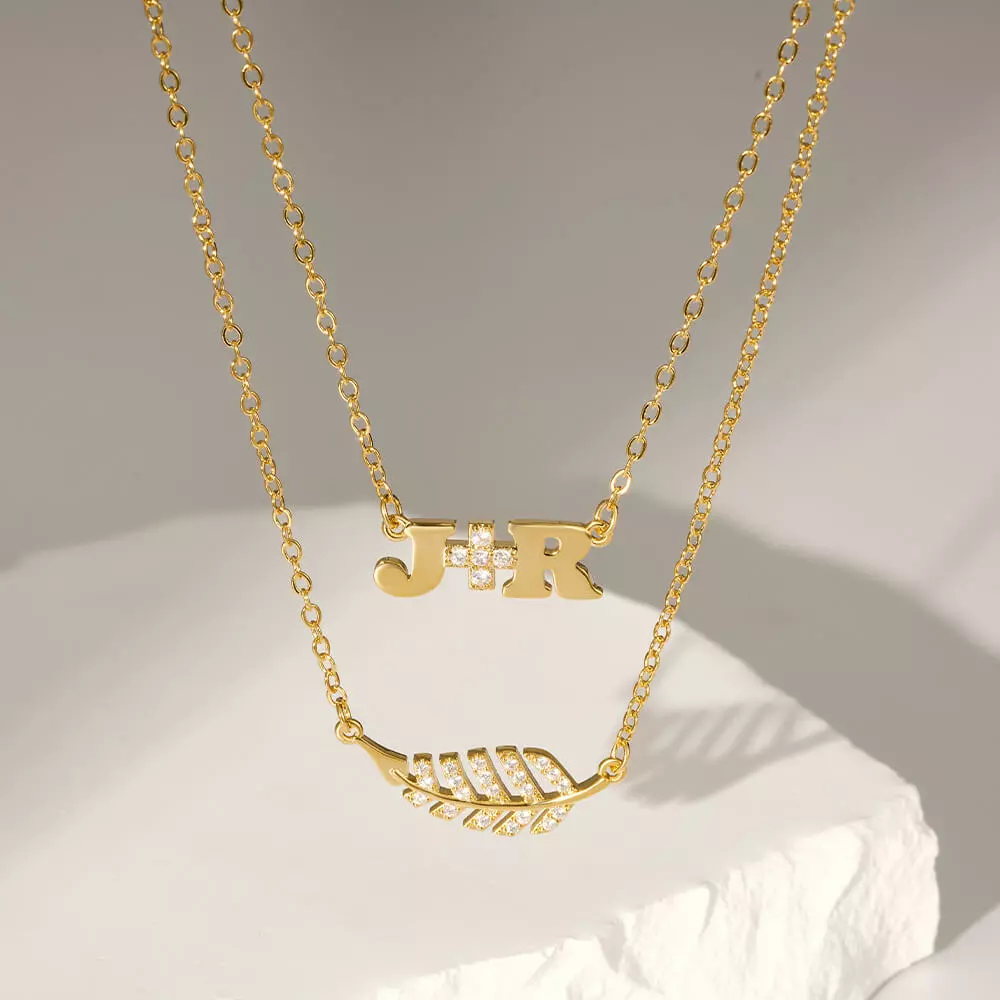 Layered Letters Necklace + Shining leaf