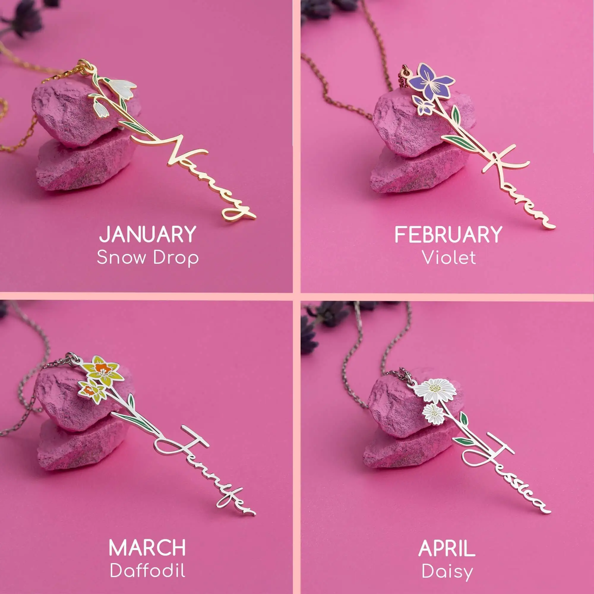 Custom Name Necklace with Birth Flower