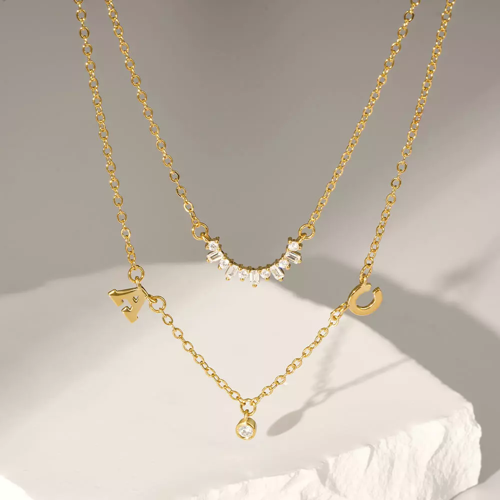 Layered Letters Necklace+Dangling Diamond