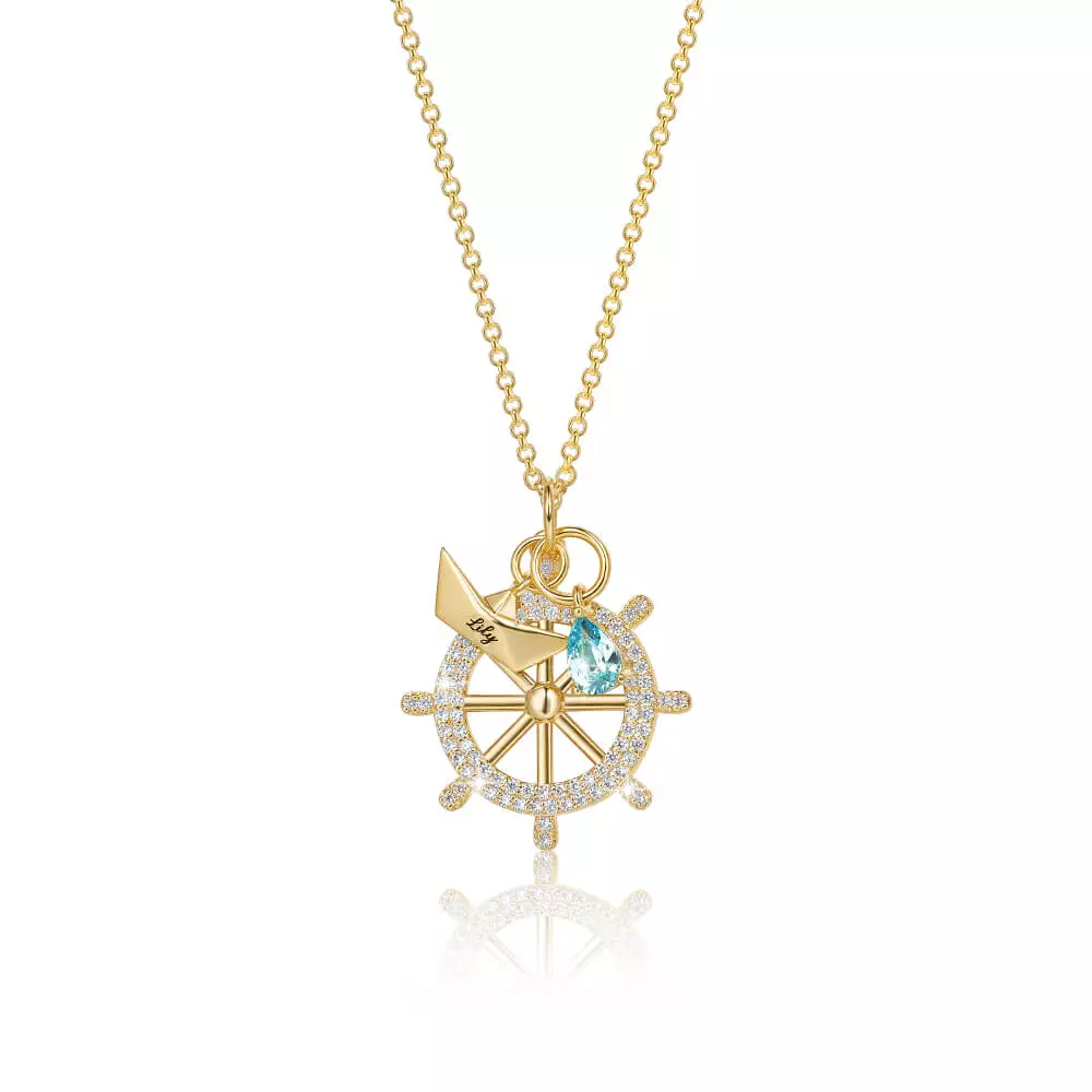Compass Custom Name Necklace with Birthstone