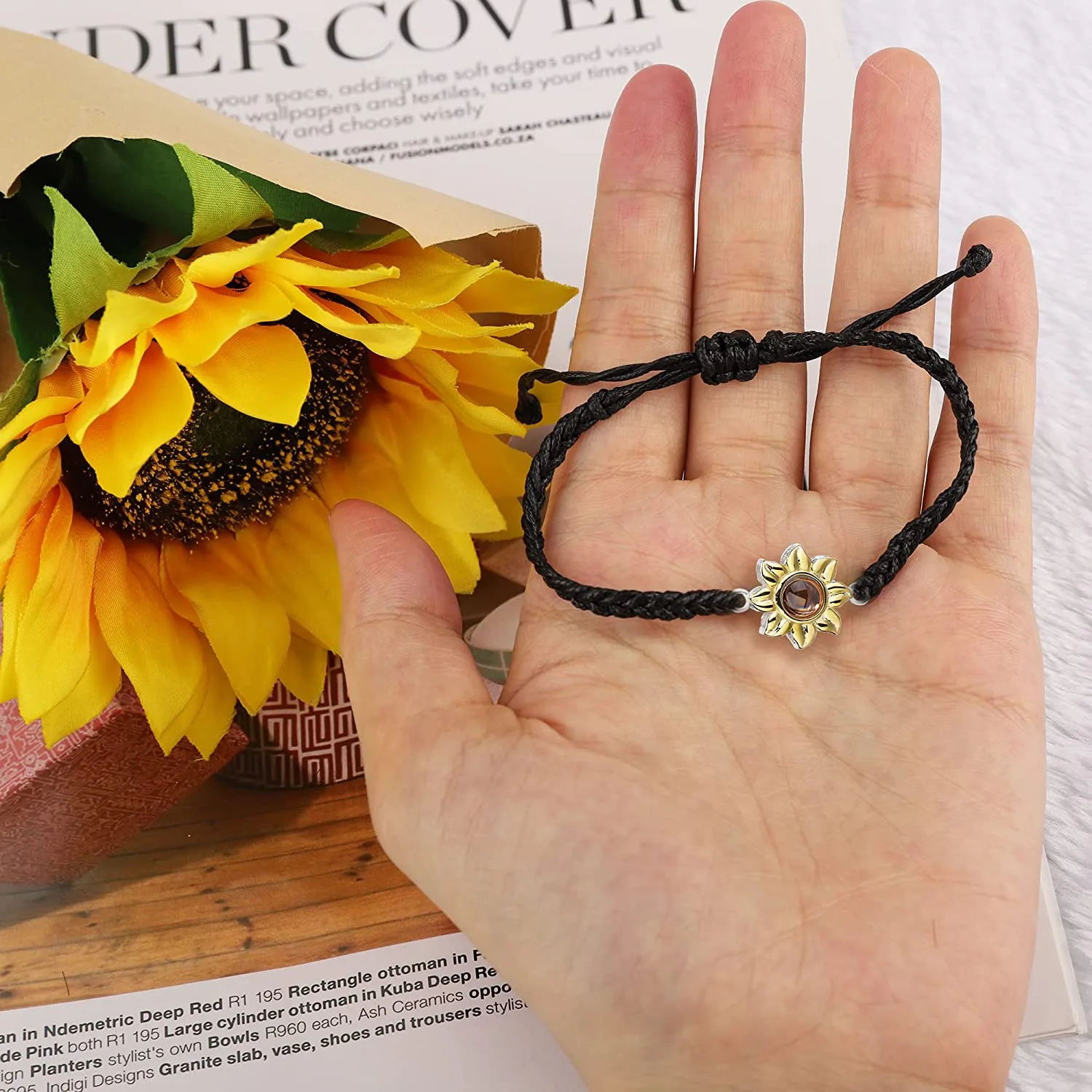 Handmade Braided Rope Sunflower Photo Projection Bracelet