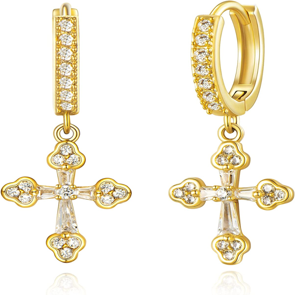 14K Gold Plated Cross Earrings With CZ
