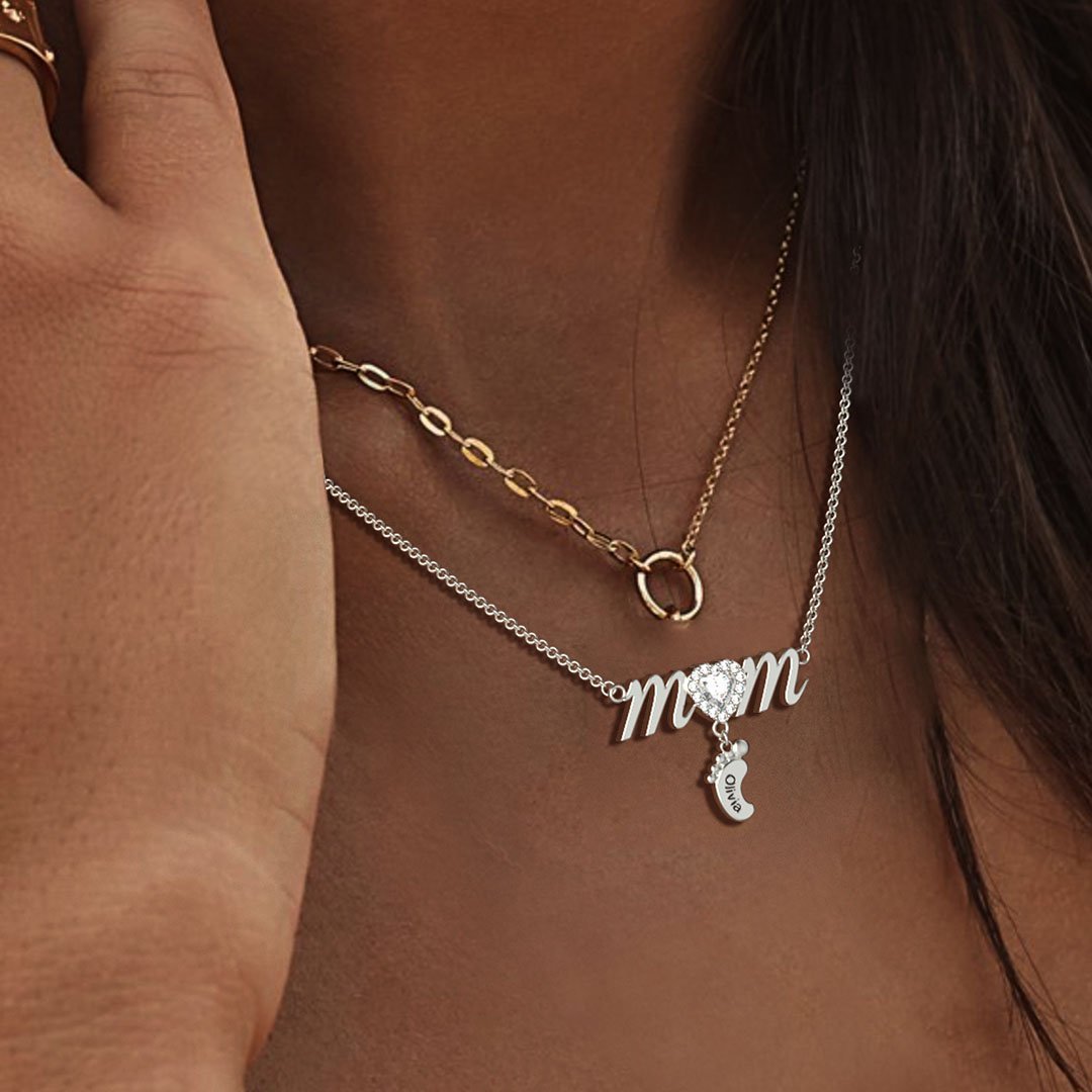 Mother's Day Gift Personalised Heart Mom Necklace With 3 Baby Feet