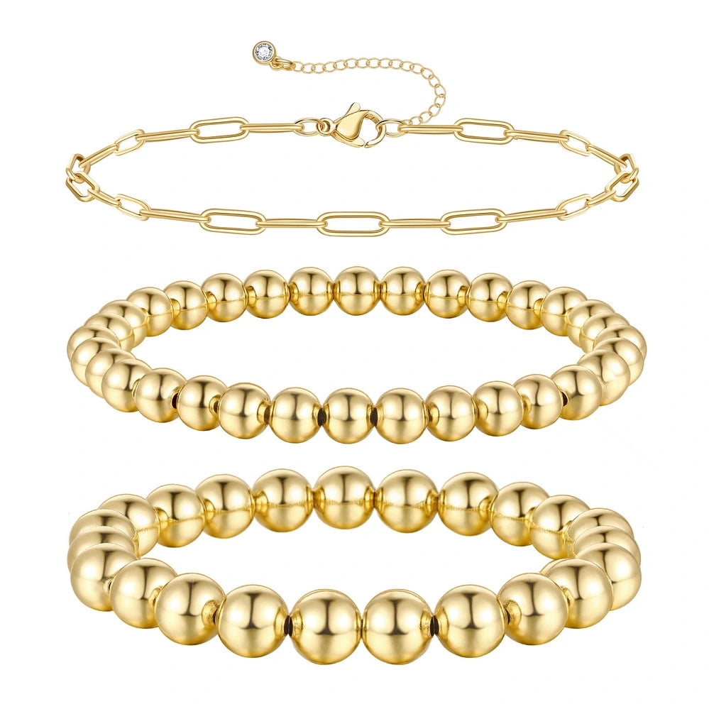 14K Gold Plated Stretchable Elastic Beaded Ball Bracelets