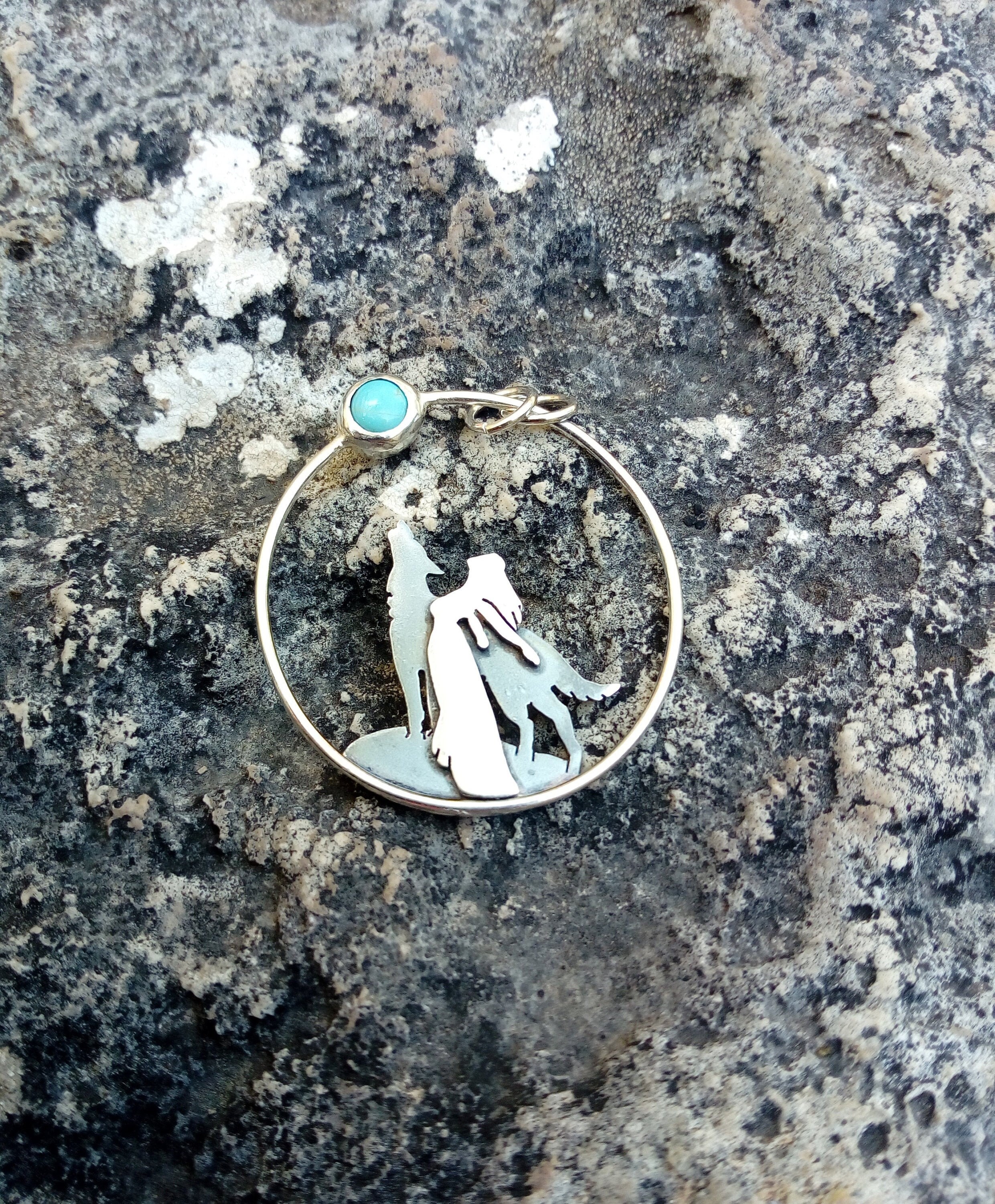 Wolf and Woman Howling at the Moon Necklace