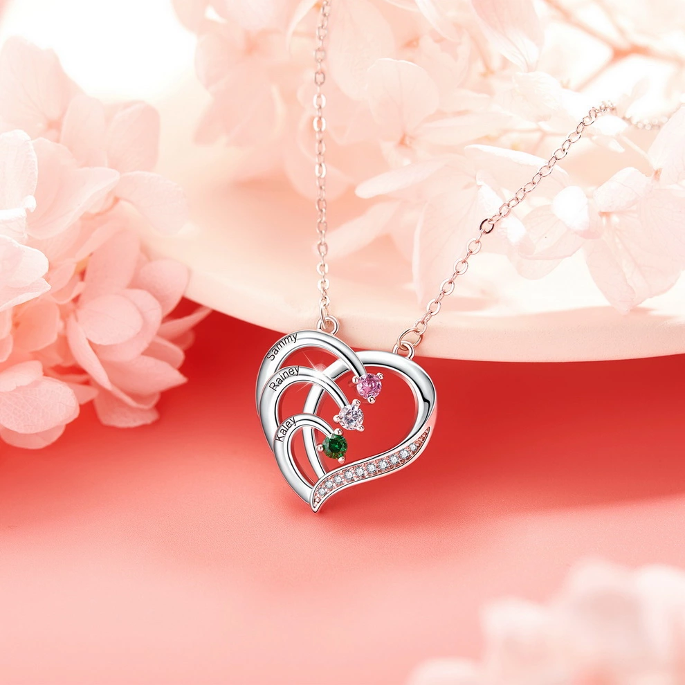 KissYan Personalized Love Heart Pendant Necklace With Cubic Zirconia Birthstone