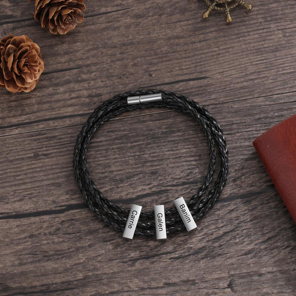 Men Leather Bracelet with Vertical Bar Three Layers Bracelet
