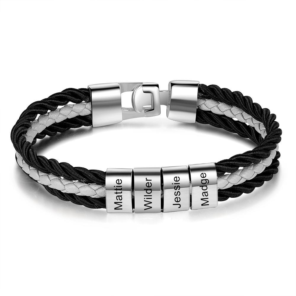 Mens Leather Bracelet Braided Layered Leather with 4 beads