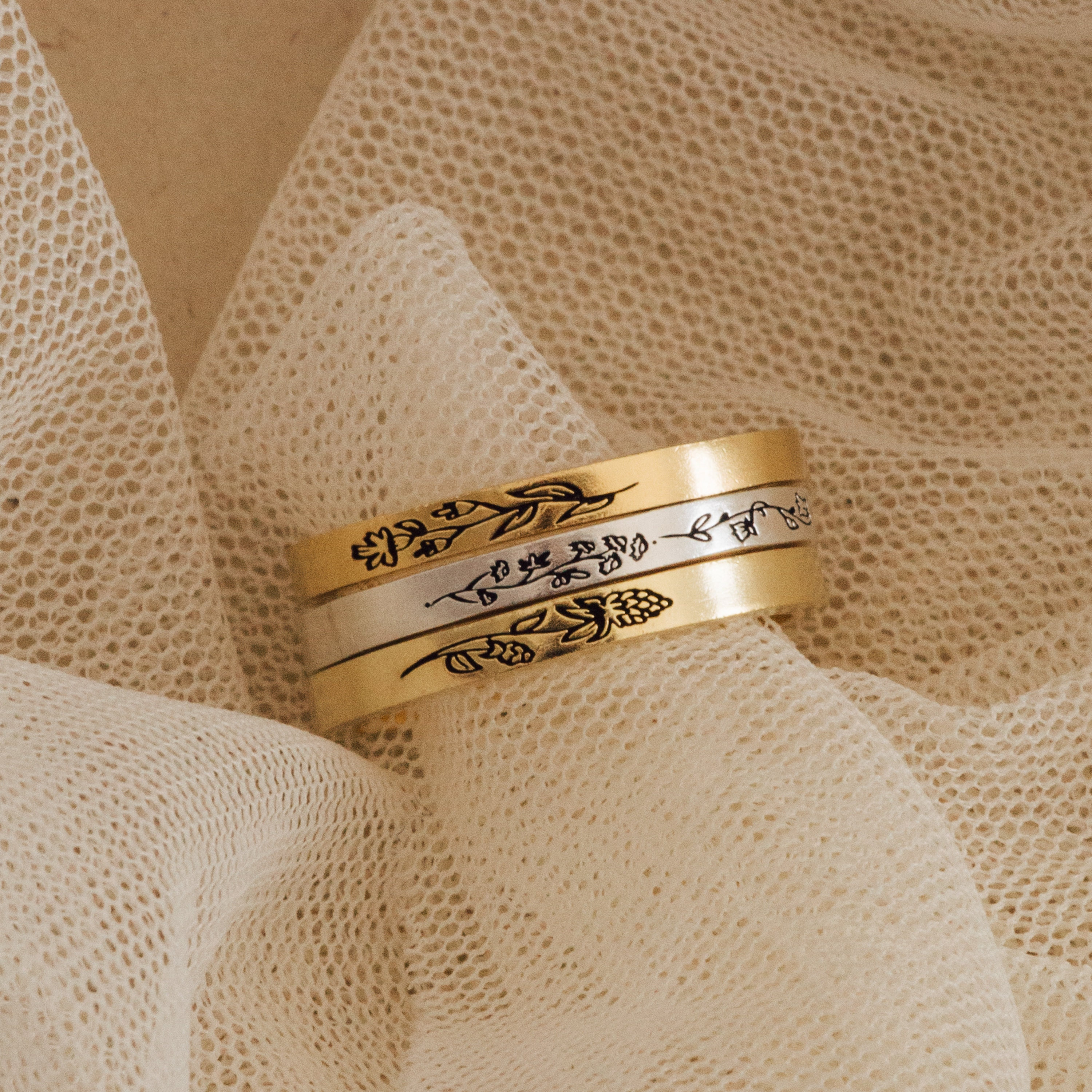 Thin Custom Ring with Engraved Flowers Minimalist
