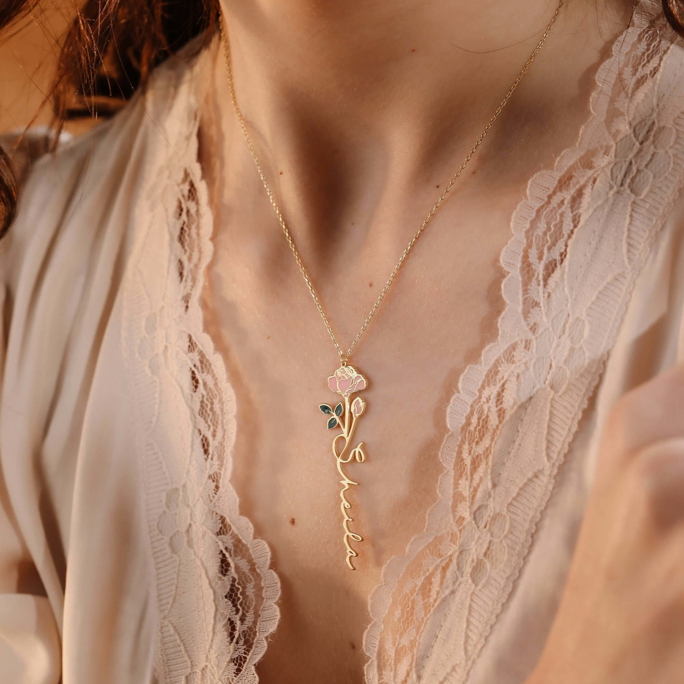 Custom Birth Flower Name Necklace for Women