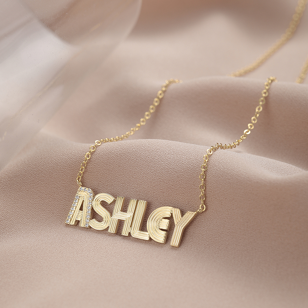 Large Moissanite Detail Retro Fluted Name Necklace