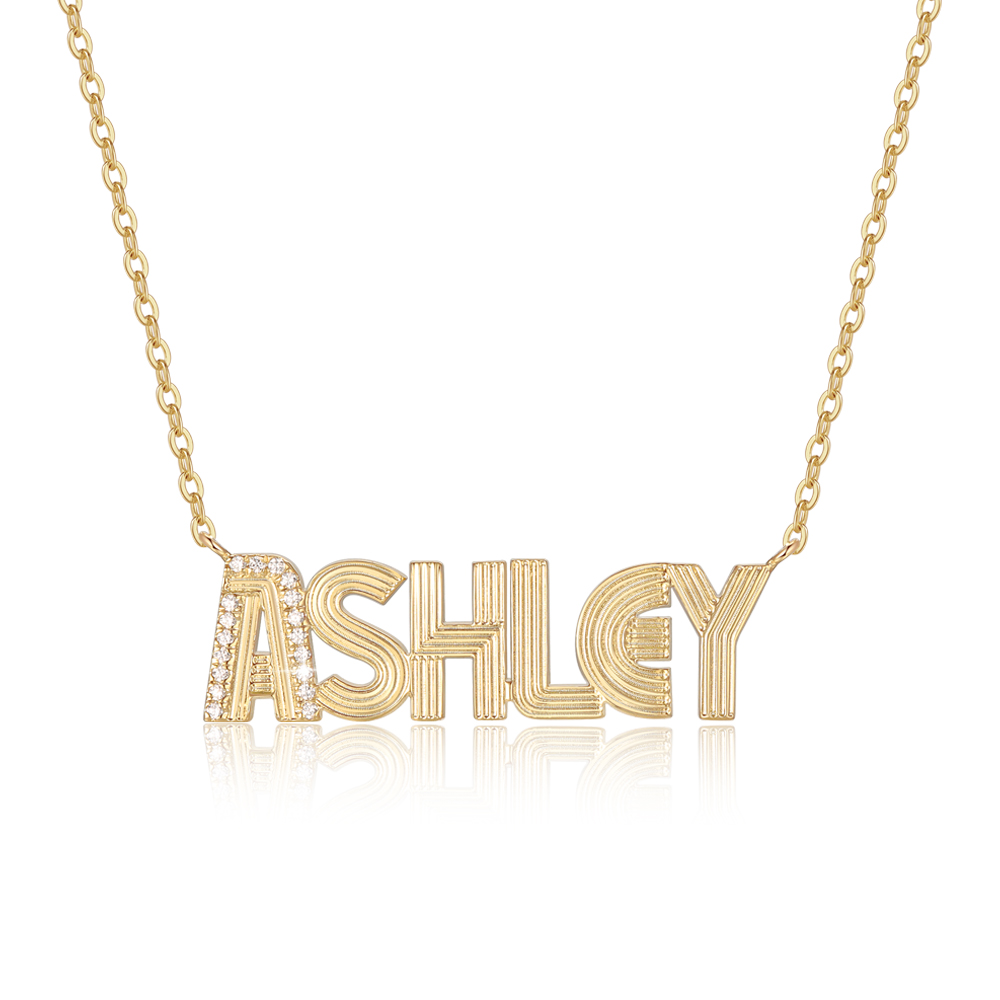 Large Moissanite Detail Retro Fluted Name Necklace