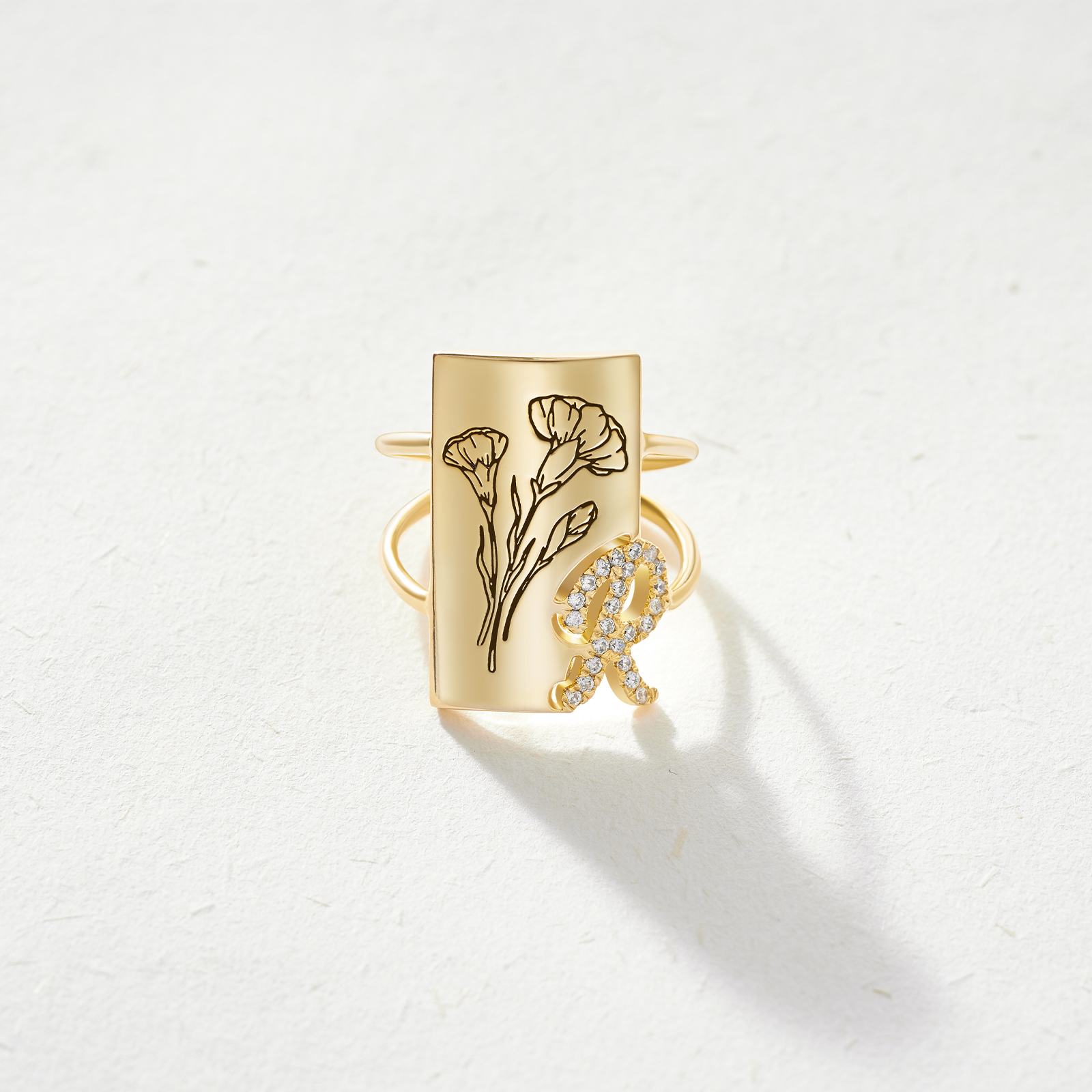 Custom Shining Birth Flower Letter Ring