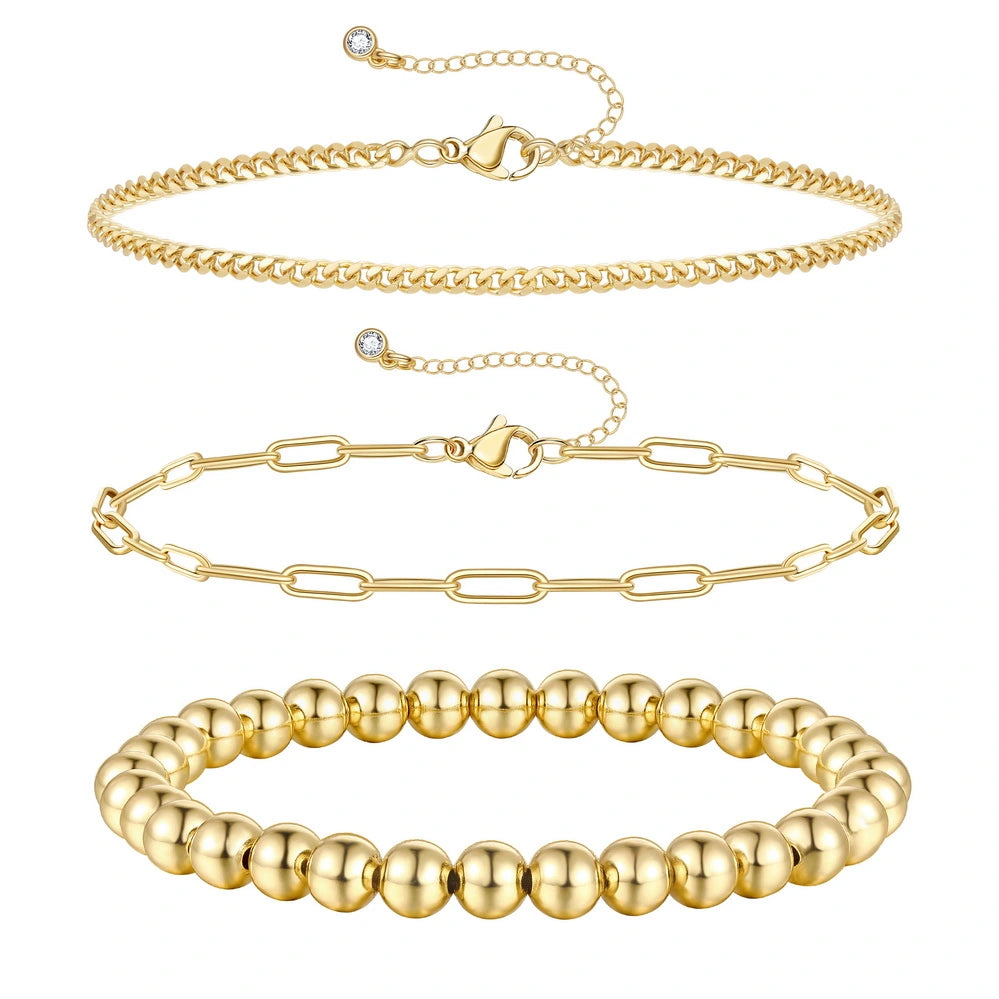 3Pcs Gold Stretchable Elastic Beaded Ball Bracelets Set