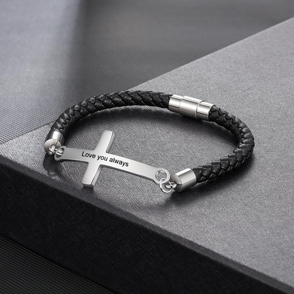 Men Leather Bracelet with Crosee Personalized Engraved Bracelet Black