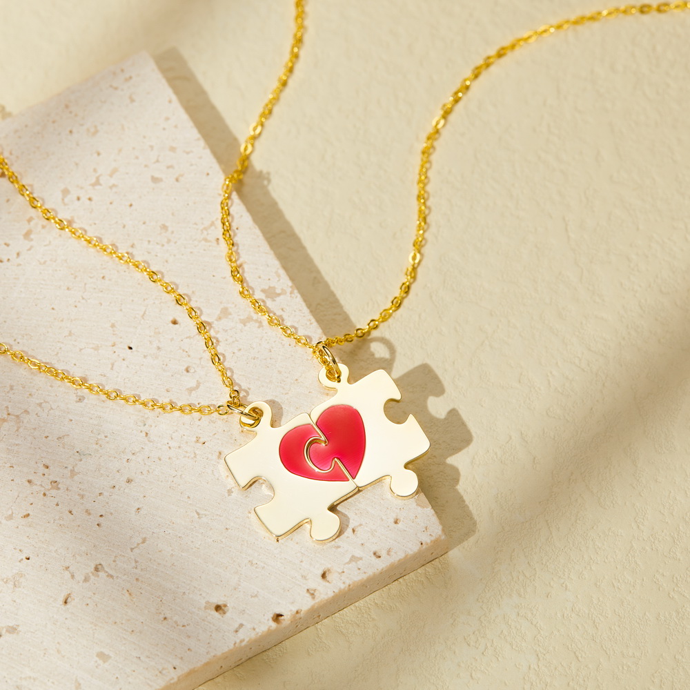2PCS Love Heart Puzzle Pendant Necklace