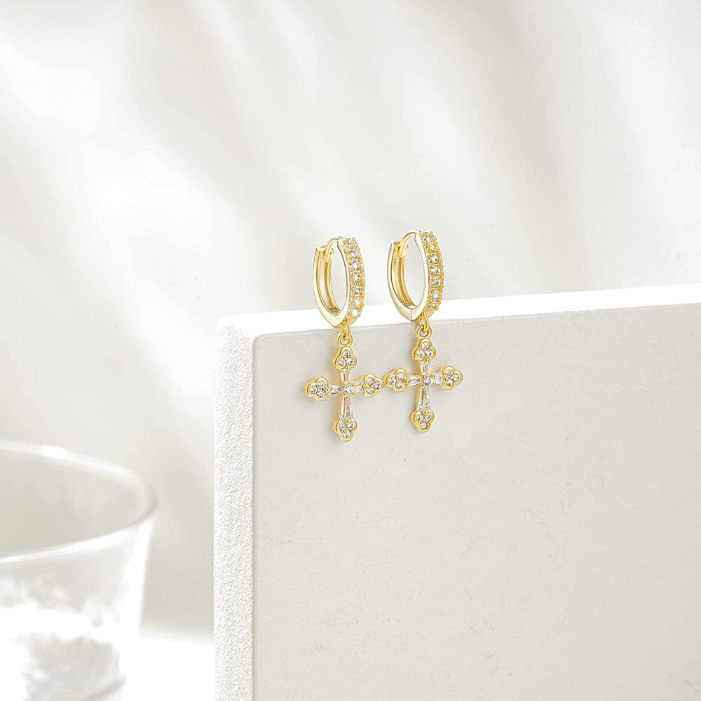 14K Gold Plated Cross Earrings With CZ