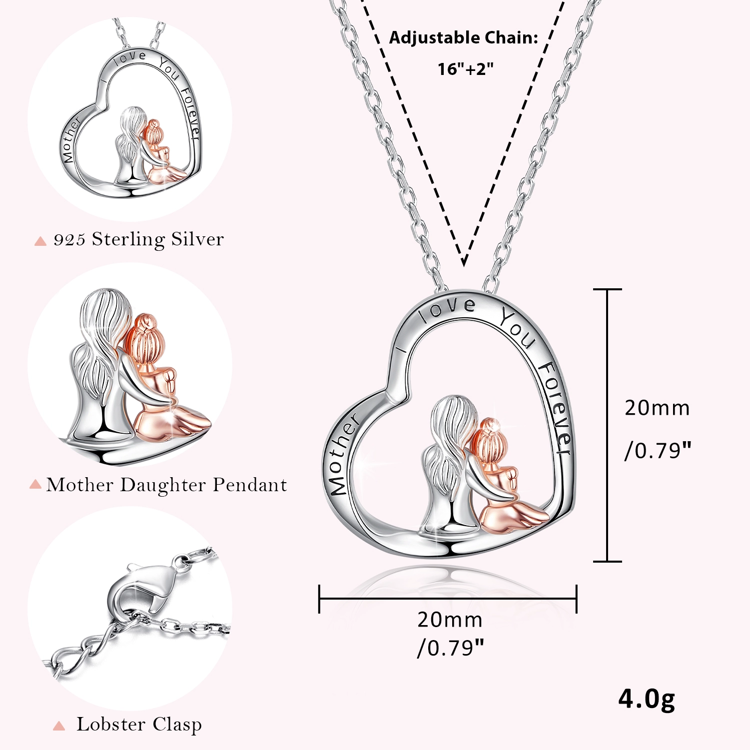 S925 Sterling Silver Cubic Zirconia Mom Child Love Heart Pendant Necklace