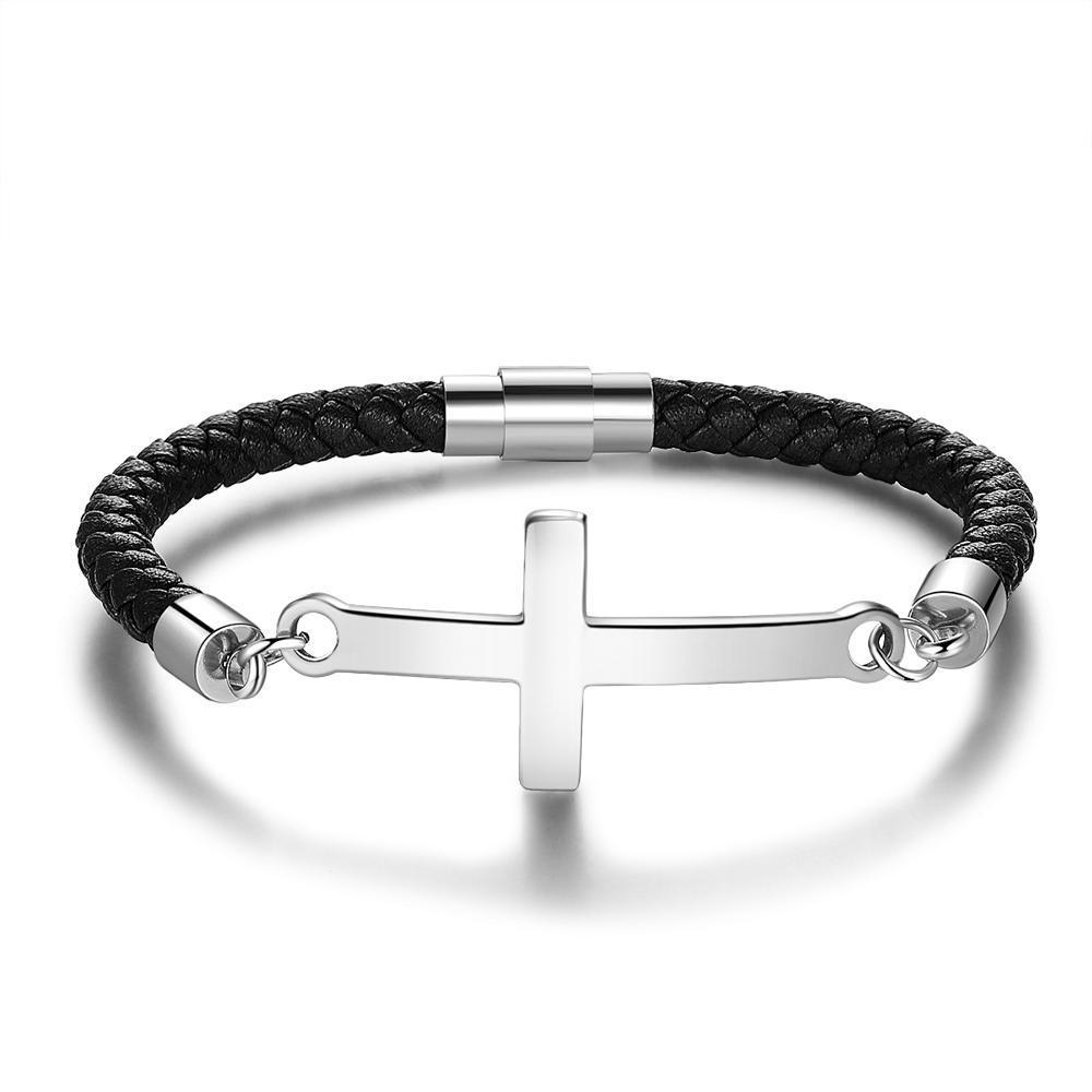 Men Leather Bracelet with Crosee Personalized Engraved Bracelet Black