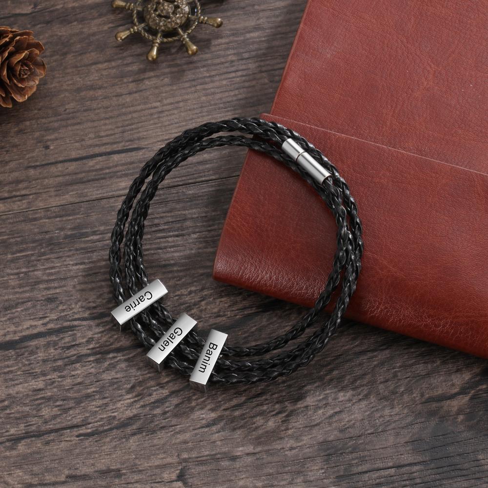 Men Leather Bracelet with Vertical Bar Three Layers Bracelet