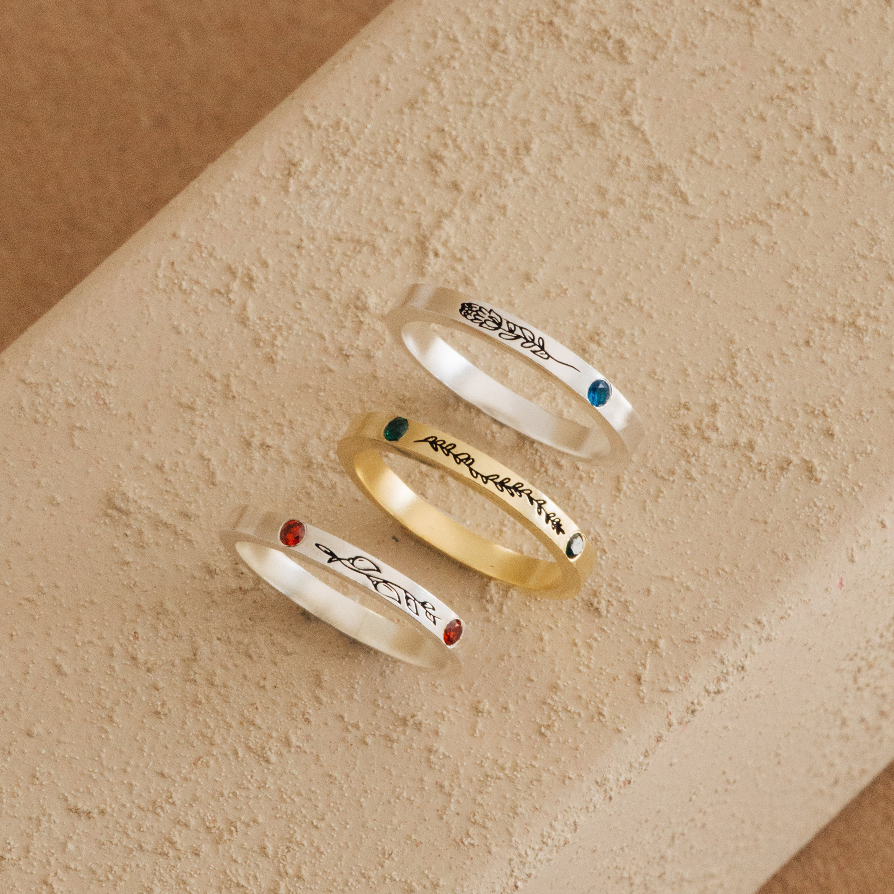 Thin Custom Ring with Engraved Flowers Minimalist