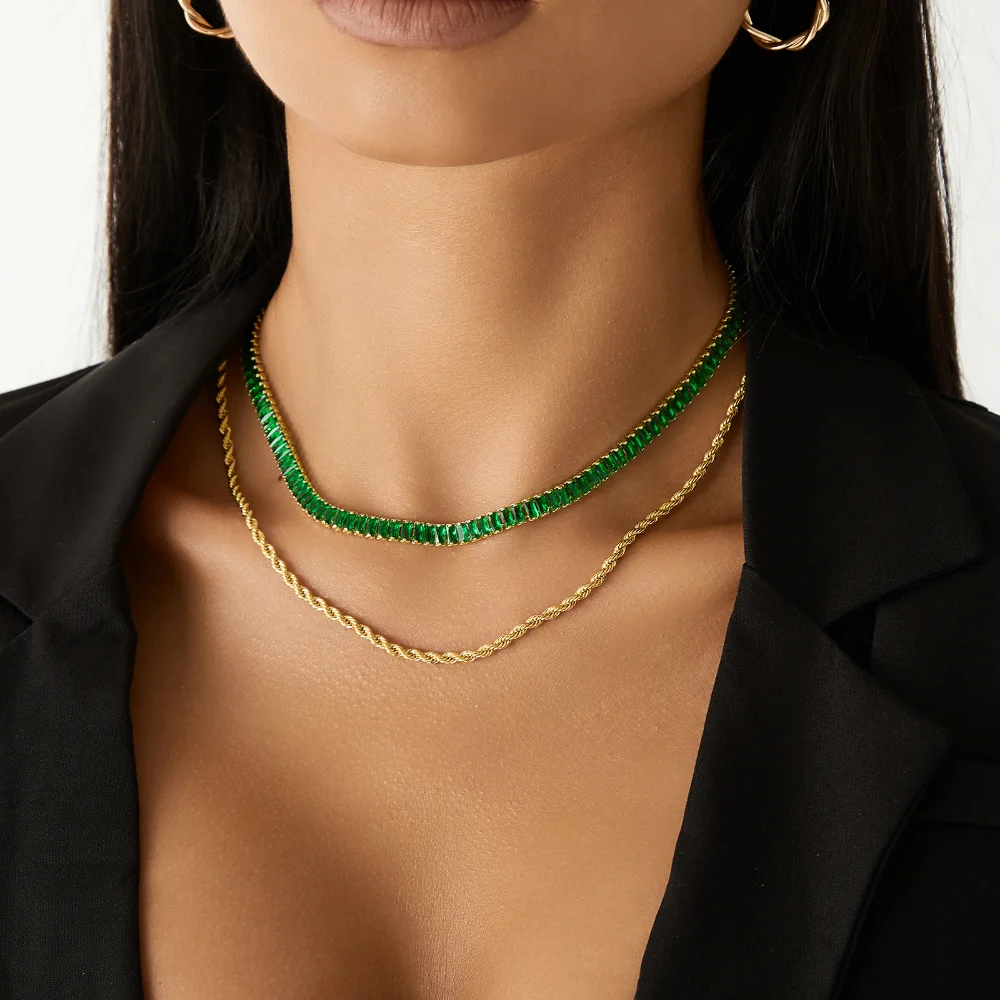Green Baguette Tennis Necklace