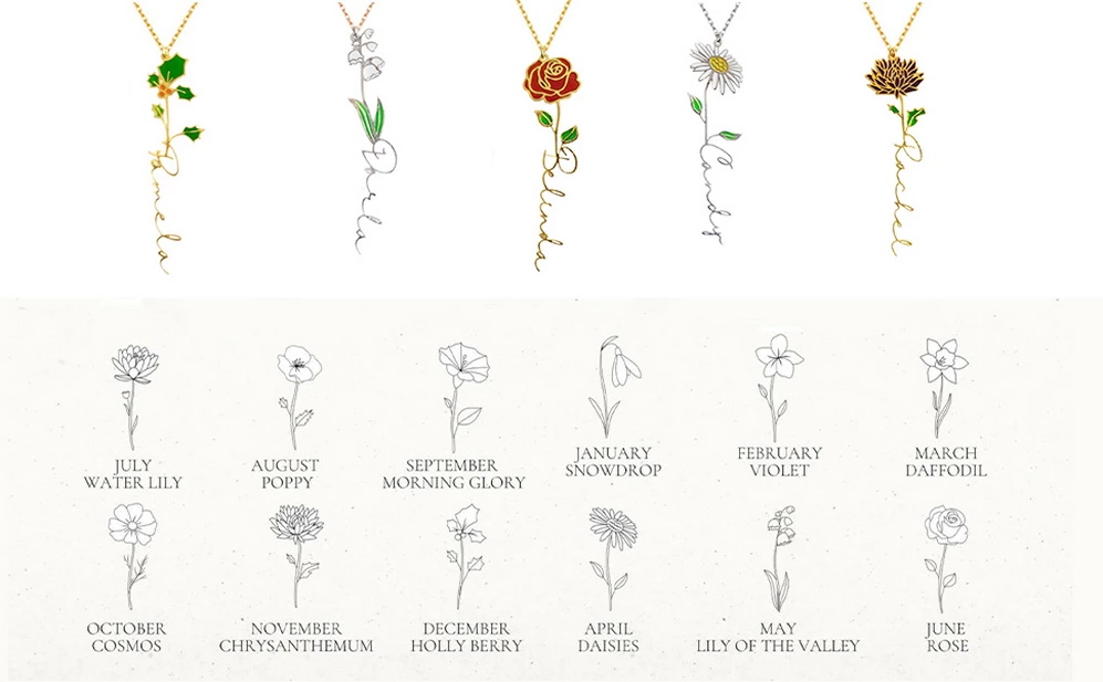 Custom Birth Flower Name Necklace for Women