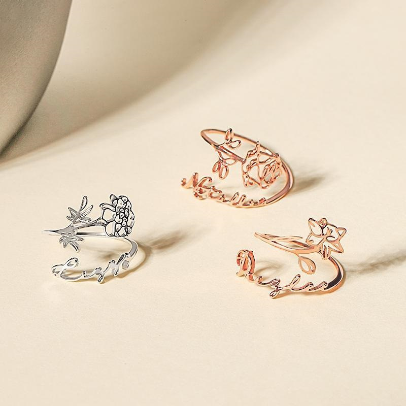 S925 Silver Adjustable Birthday Flower and Name Ring