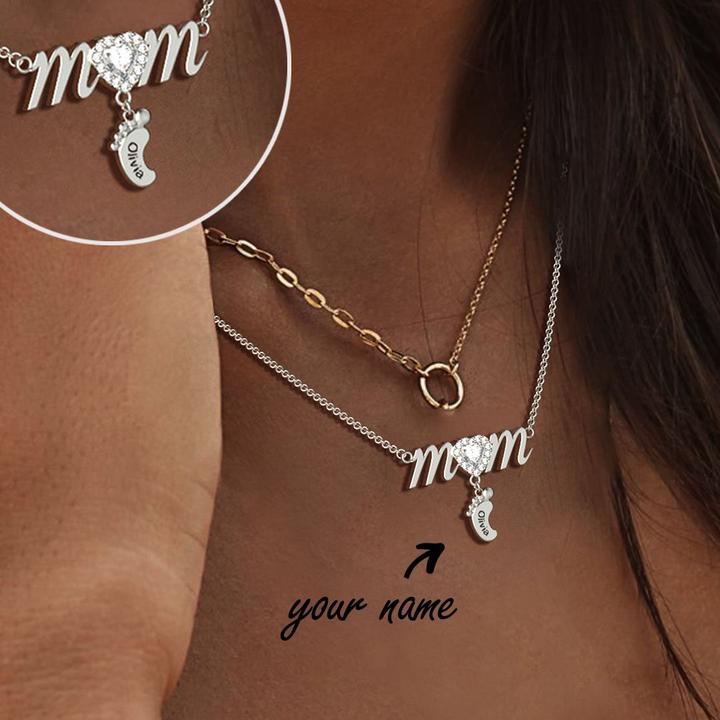 Mother's Day Gift Personalised Heart Mom Necklace With 3 Baby Feet