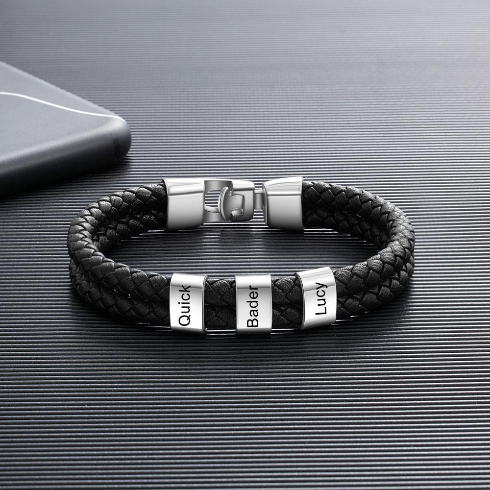 Men Leather Bracelet with 3 Engraved Beads Custom Two Layers Bracelet Black