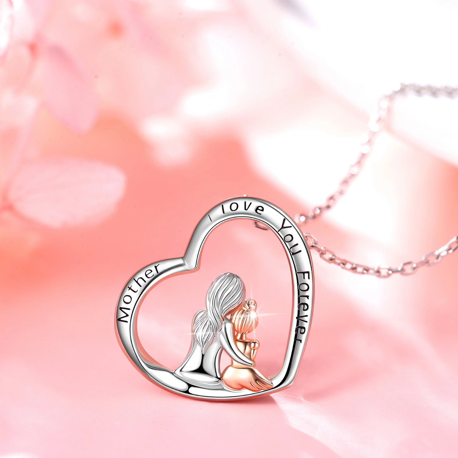 S925 Sterling Silver Cubic Zirconia Mom Child Love Heart Pendant Necklace