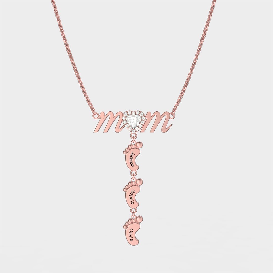 Mother's Day Gift Personalised Heart Mom Necklace With 3 Baby Feet