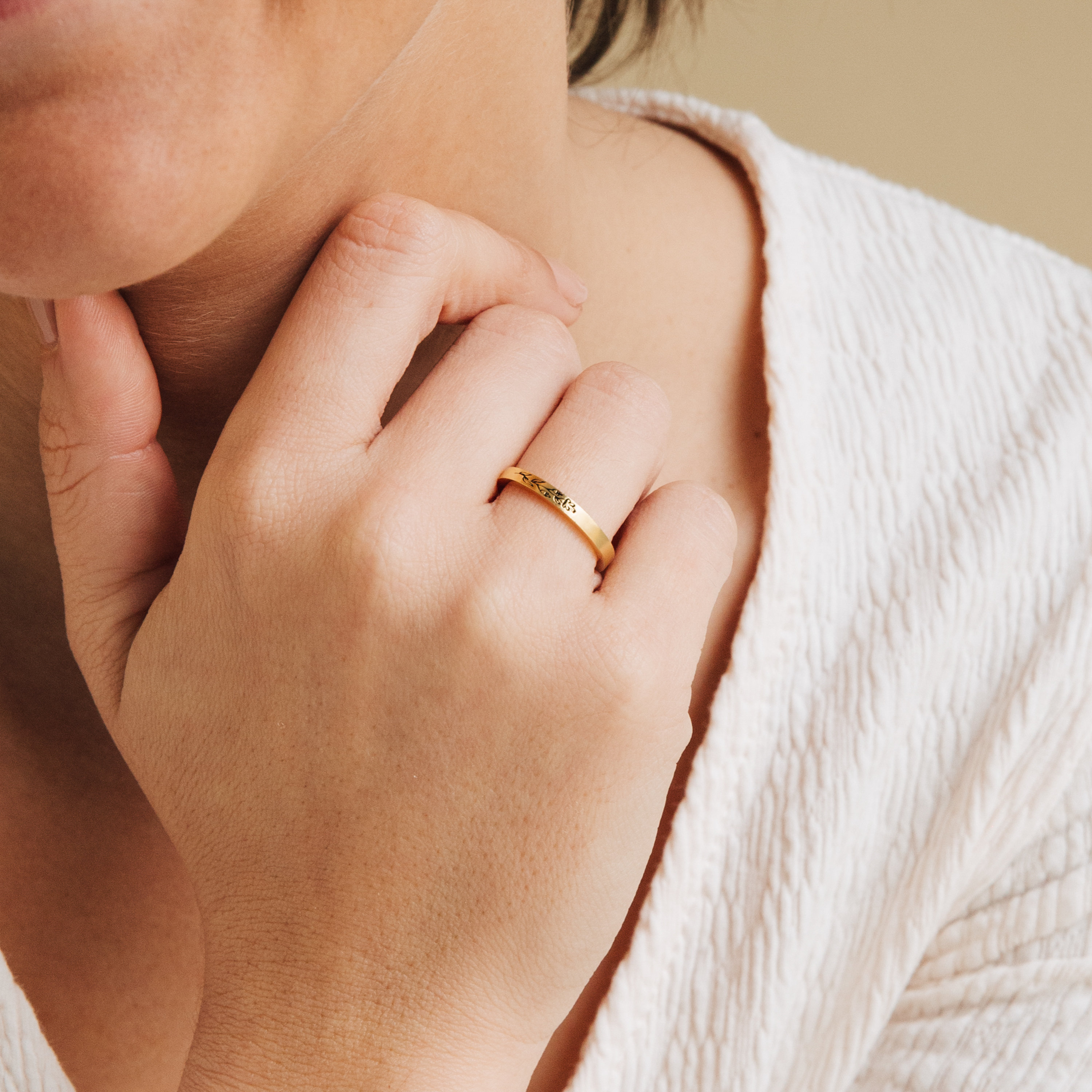 Thin Custom Ring with Engraved Flowers Minimalist