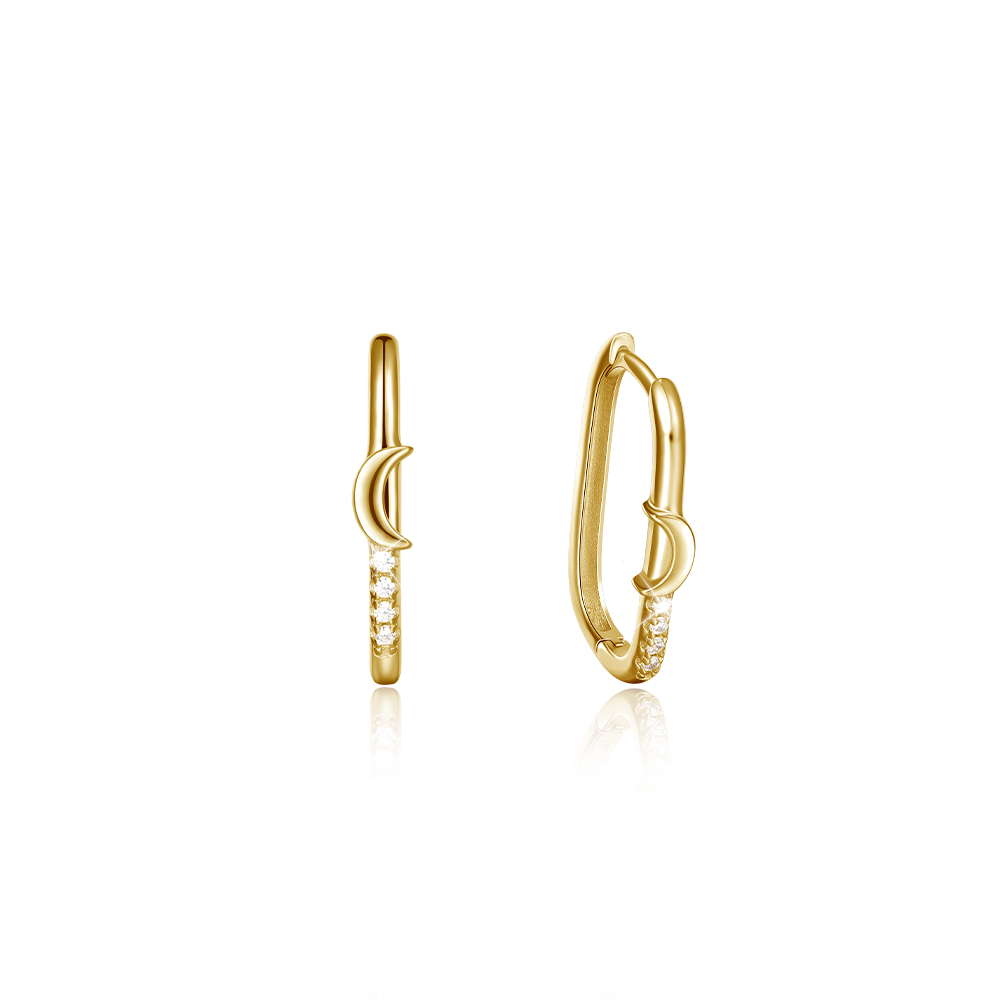 Gold Earring Rectangular With Moon and Shining Stone