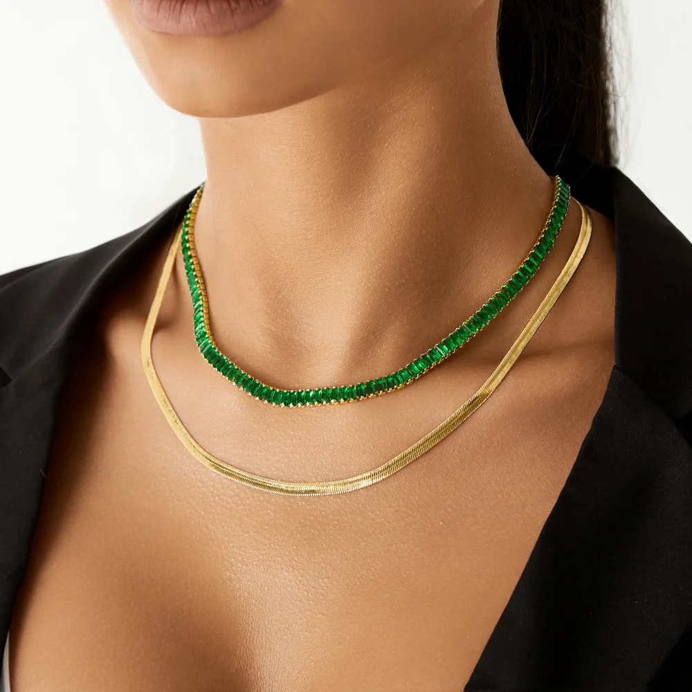 Green Baguette Tennis Necklace