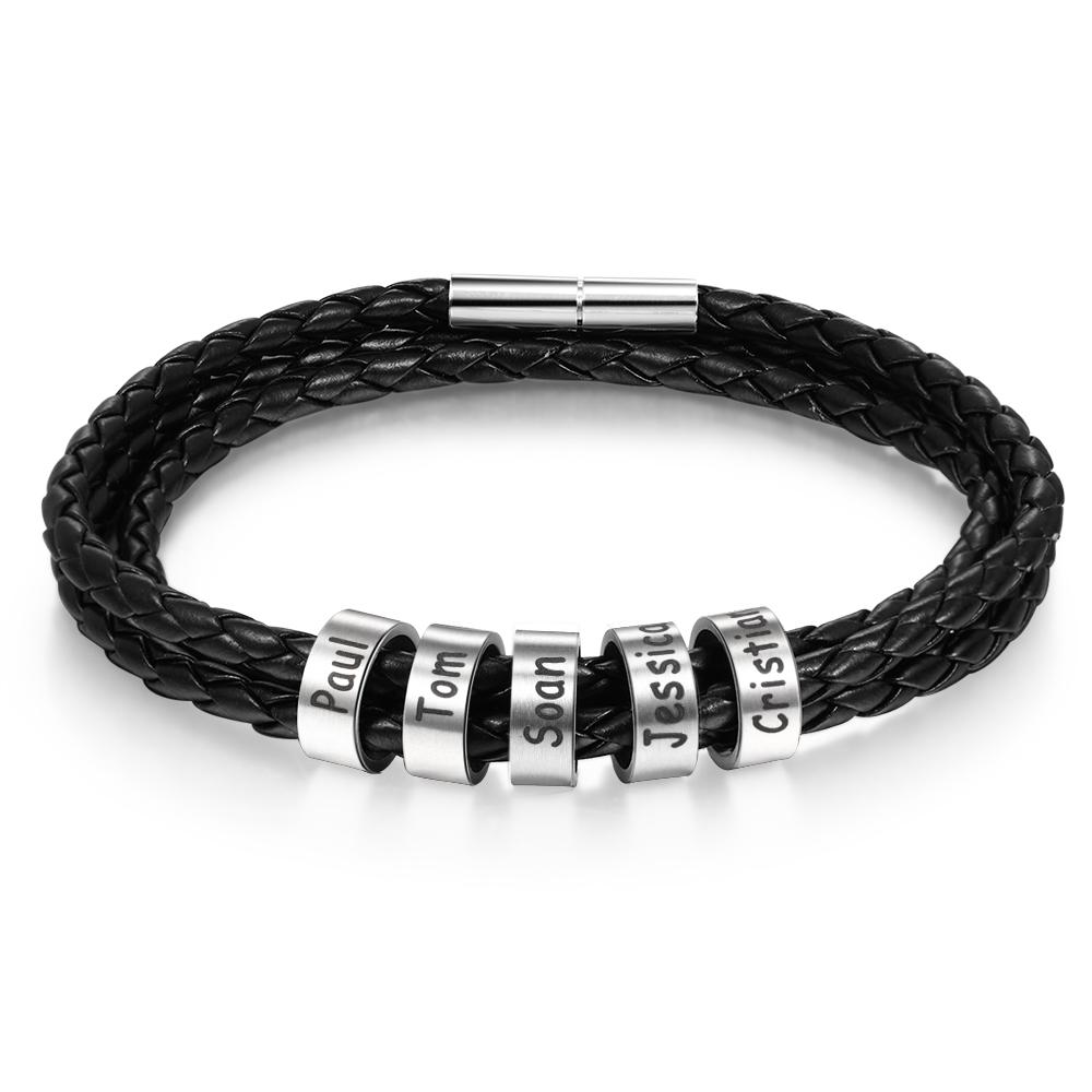 Personalized Mens Leather Braided Bracelet with 5 beads