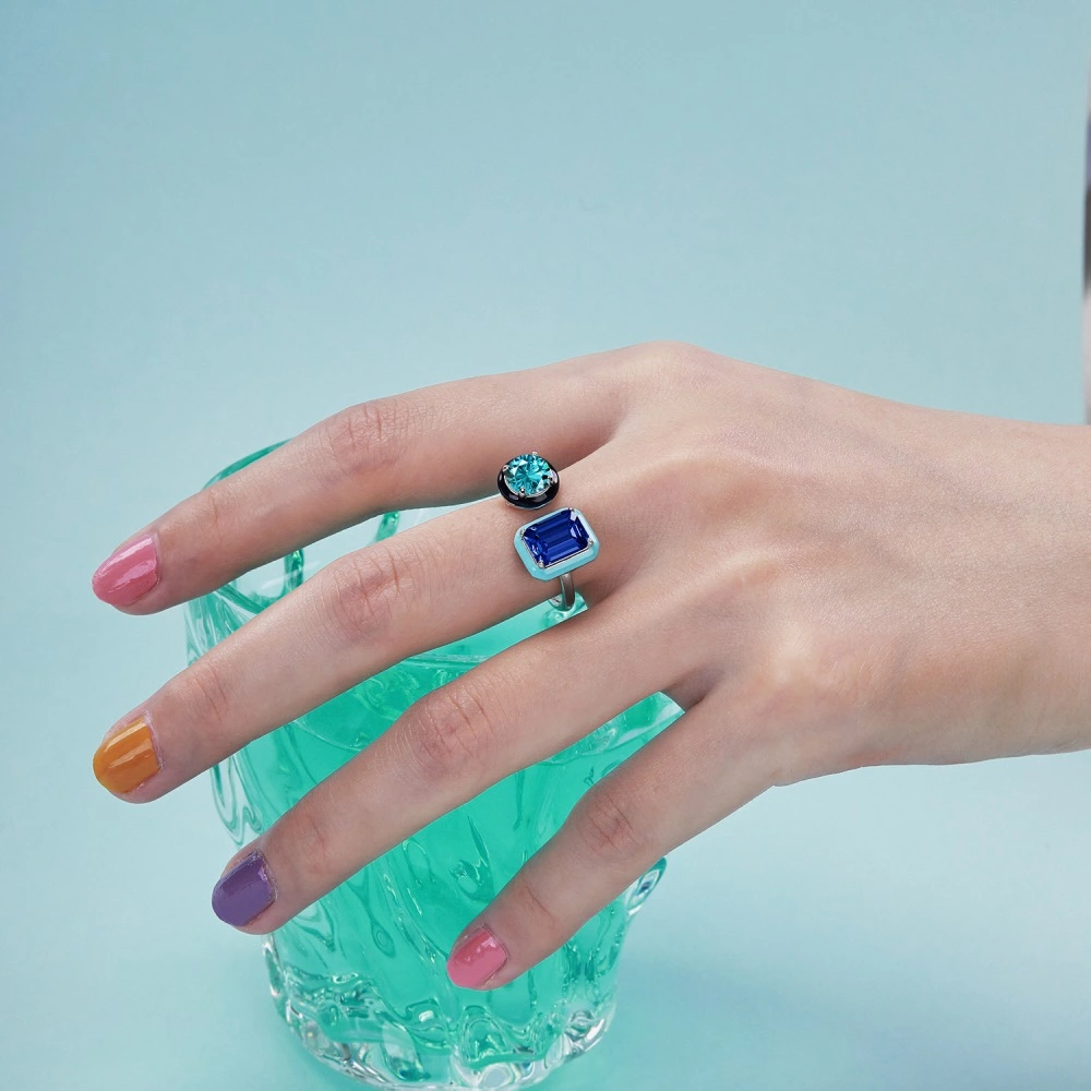 Handmade Enamel Colorful Rectangle Open Ring 