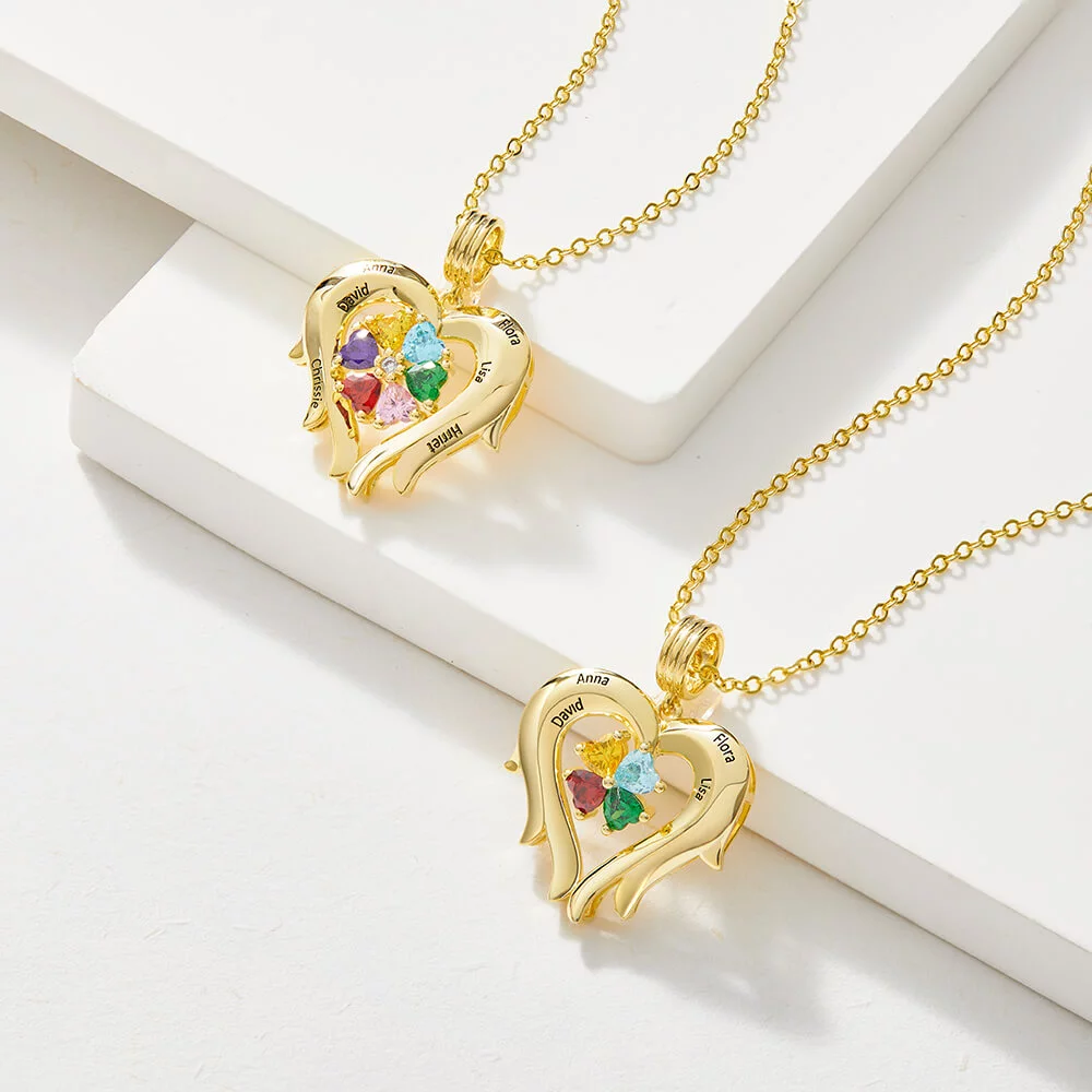 Personalized Flower Blossom Heart Necklace with Birthstones