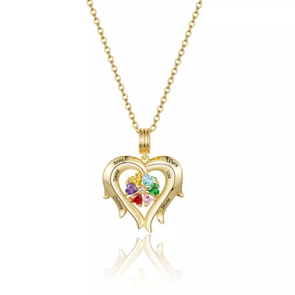 Personalized Flower Blossom Heart Necklace with Birthstones