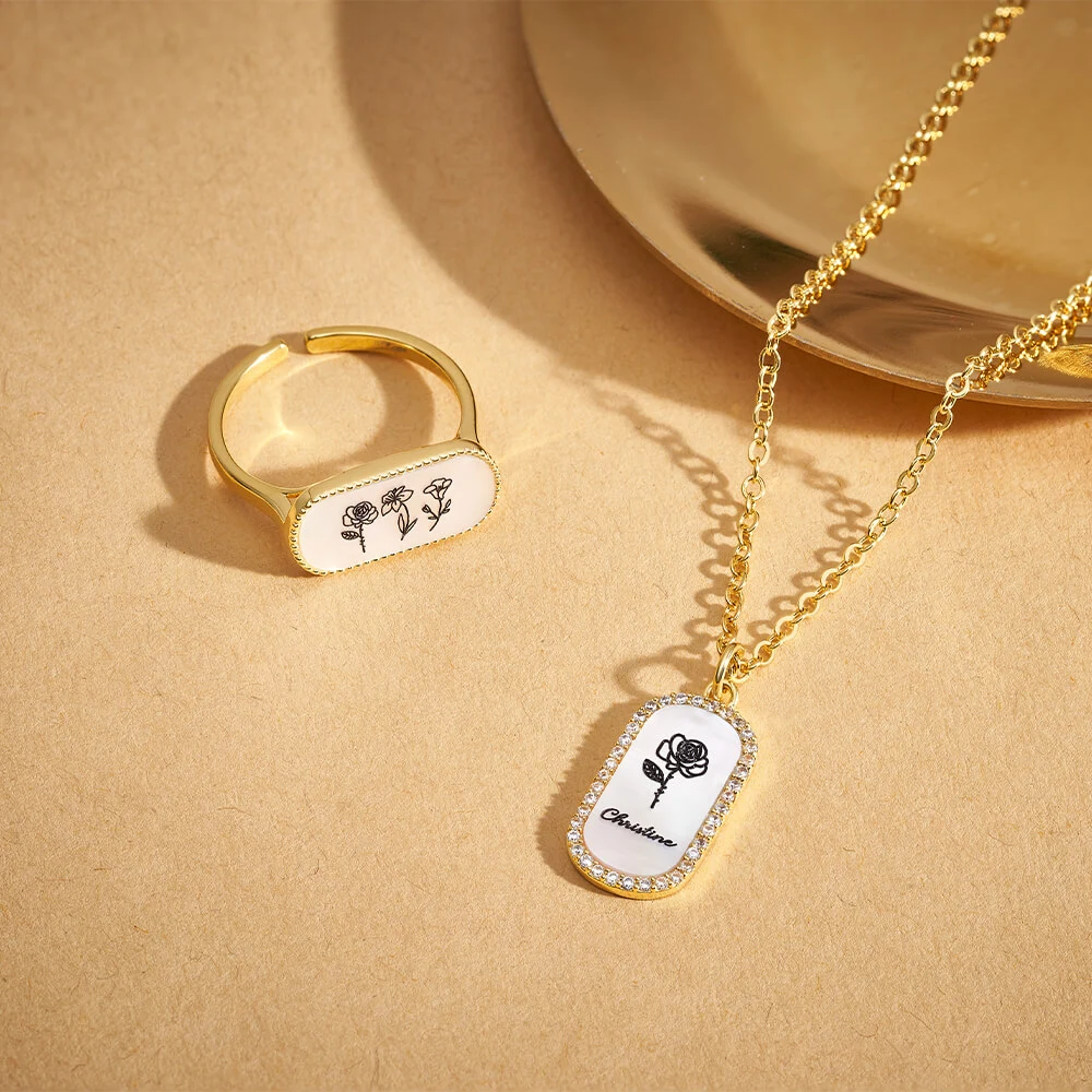 This Rectangle Birth Flower Necklace with Diamond