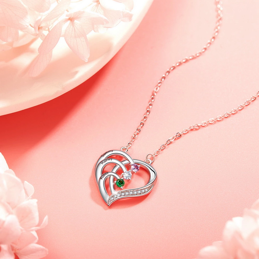 KissYan Personalized Love Heart Pendant Necklace With Cubic Zirconia Birthstone