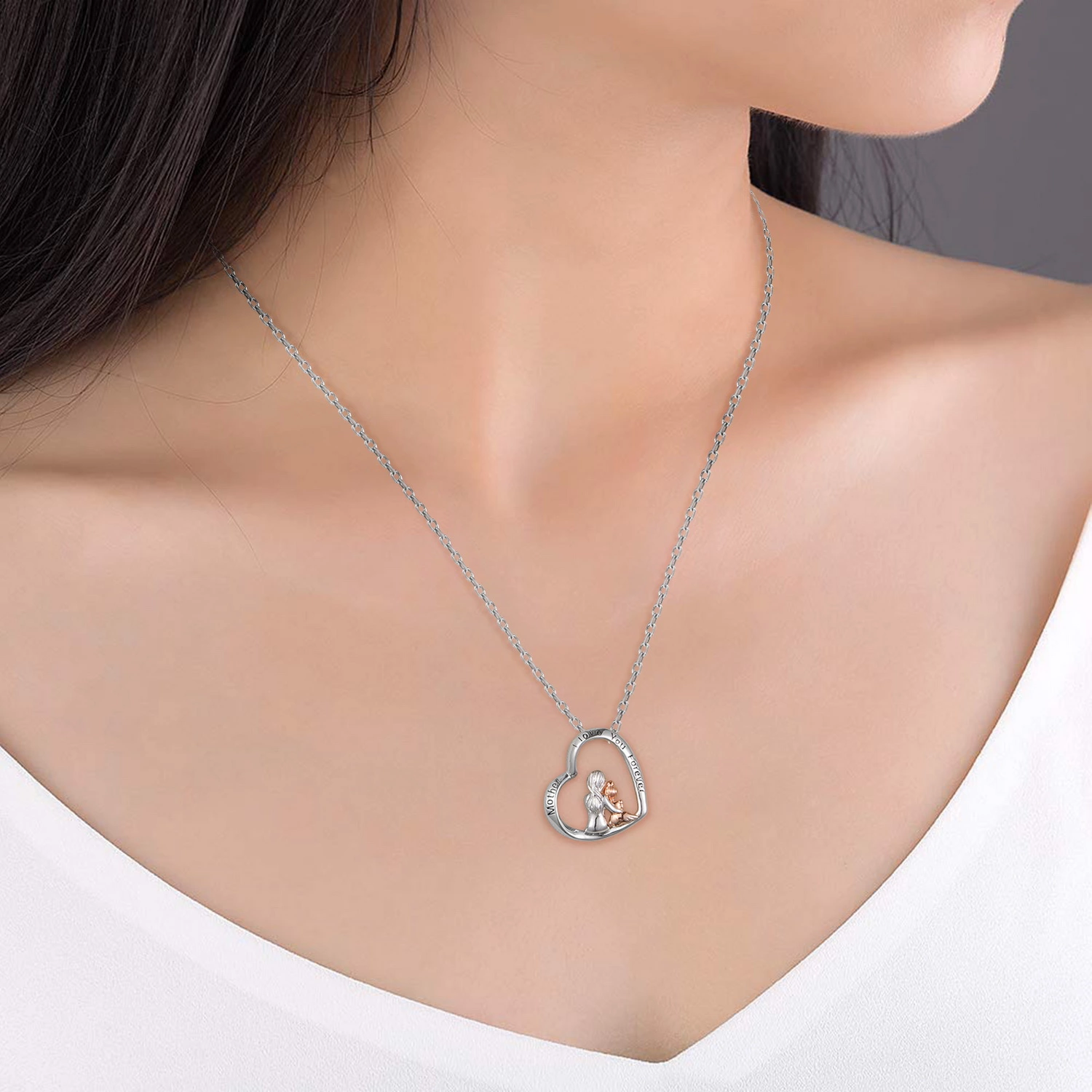 S925 Sterling Silver Cubic Zirconia Mom Child Love Heart Pendant Necklace