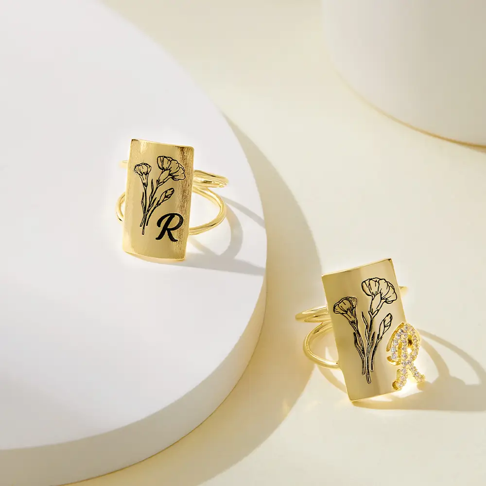 Personalized Birth Flower Letter Ring