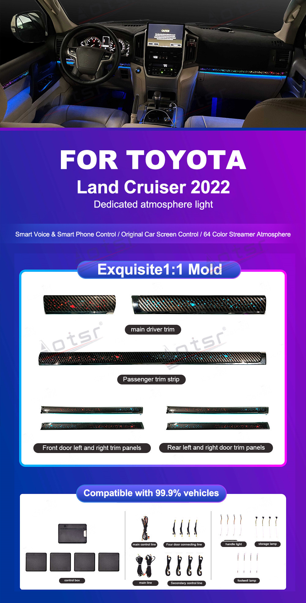 64 Colors Dedicated Atmosphere Light For Toyota Land Cruiser 2016-2022 Lamp Inter Car Decorate Light Head Unit