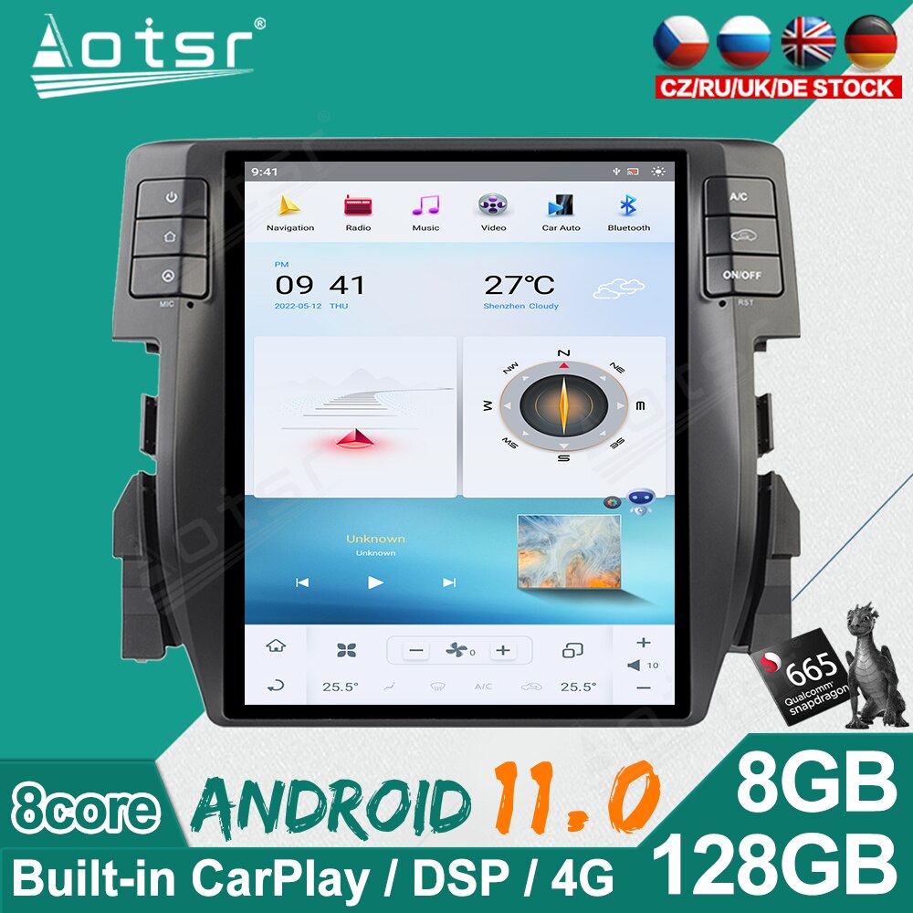 2 din Android 11.0 Qualcomm Snapdragon 665 Car Radio For Honda Civic 2016 - 2019 GPS Navigation DVD Multimedia Player Head Unit