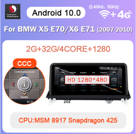 Aotsr - Snapdrago navigation device for car, compatible with Android 10, includes radio with stereo sound 2 DIN, DVD, media player, 1920 x 720p, suitable for BMW X5, E70, X6, E71, 2007-2013