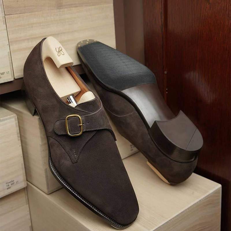 Handmade Dark Brown Suede Single buckle shoes