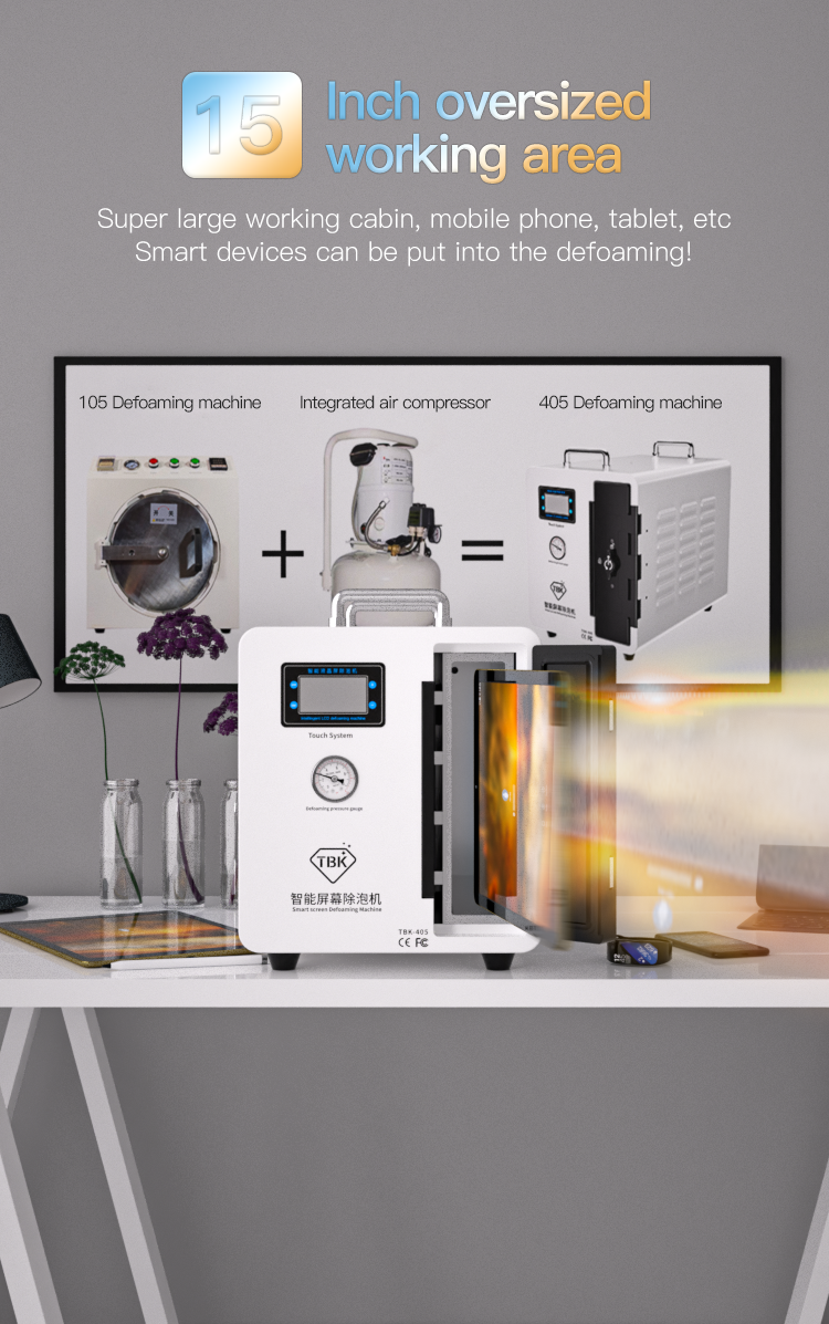 TBK405 15inch Bubble Removing Machine Defoamer Built-in Air Compressor Phone Tablet iPad Screen Bubble Remover Intelligent LCD Screen Defoaming Machine