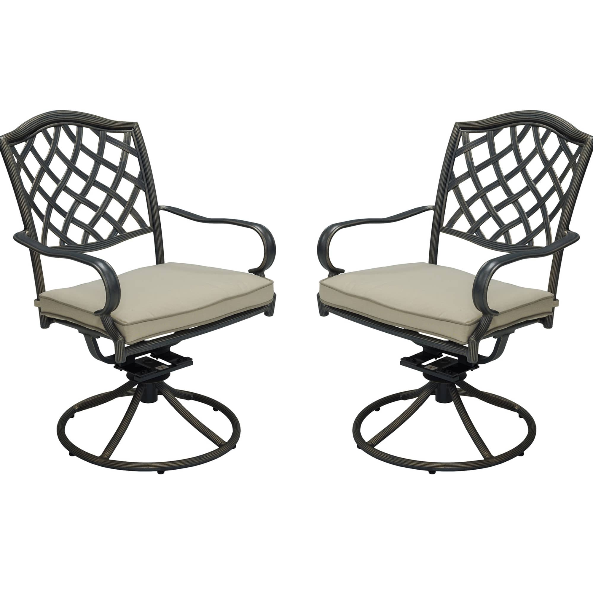 2-Piece Brown Cast Aluminum Outdoor Swivel Dining Chair Patio Bistro Chairs with Cushion